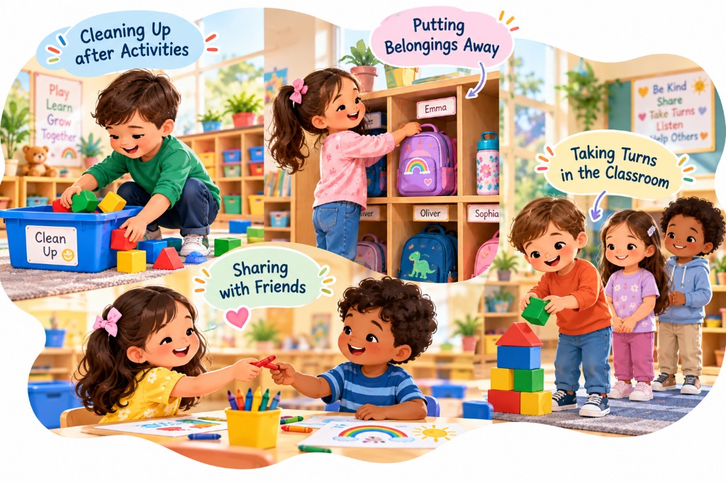 Children cleaning up, putting belongings away, sharing, and taking turns