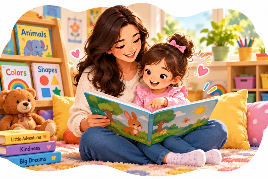 A parent and child reading a picture book together