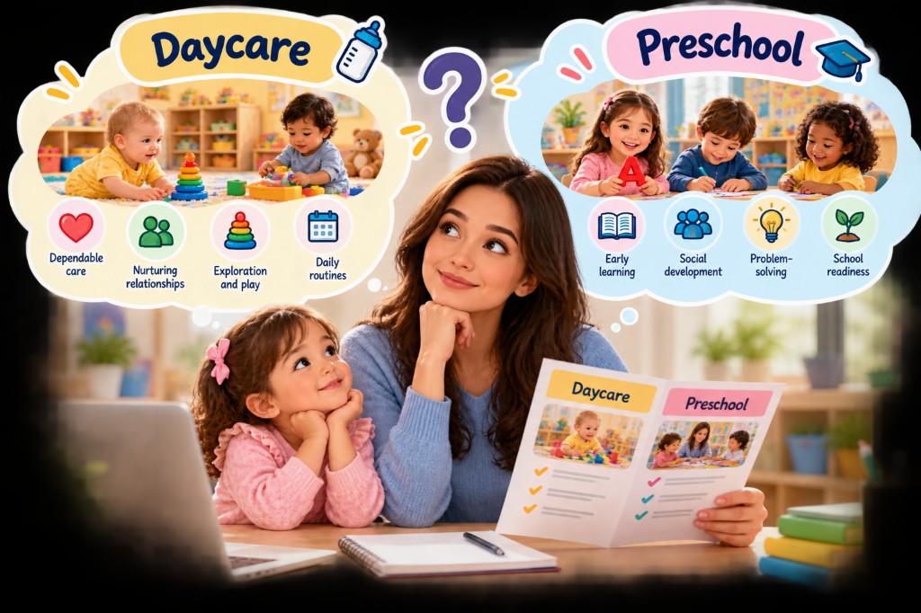 A parent comparing daycare and preschool