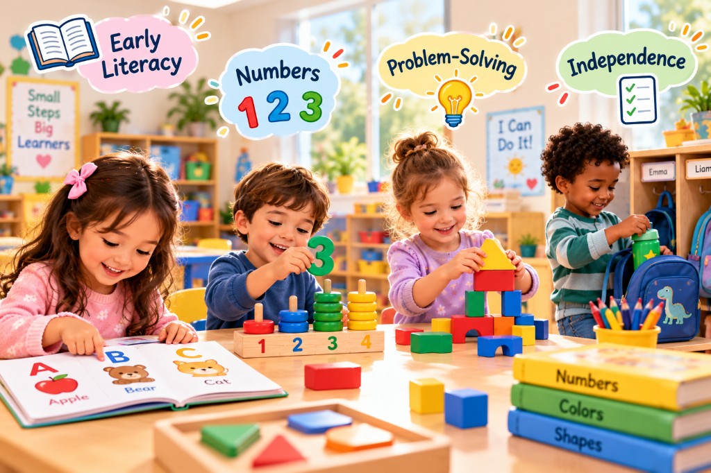 Children practicing early literacy, numbers, problem-solving, and independence