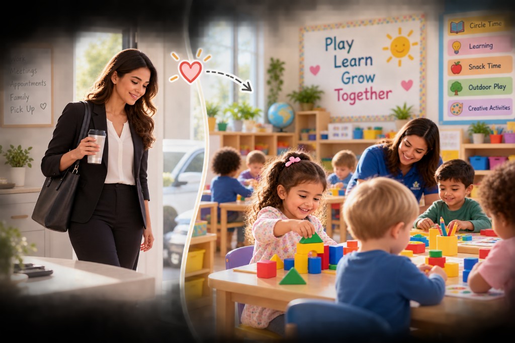 A working parent and children learning and playing at childcare