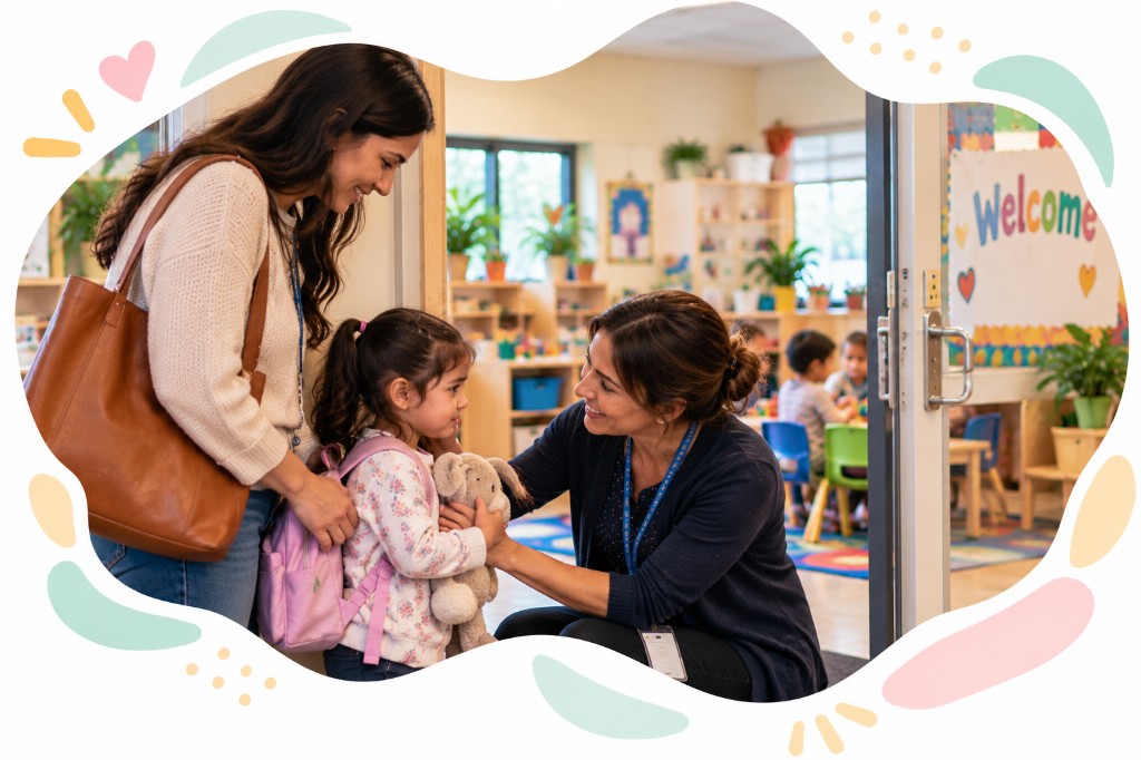 A teacher welcoming a child at the classroom door