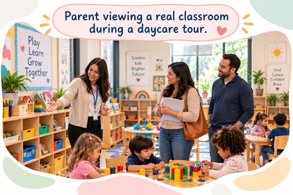 Parent viewing a real classroom during a daycare tour.