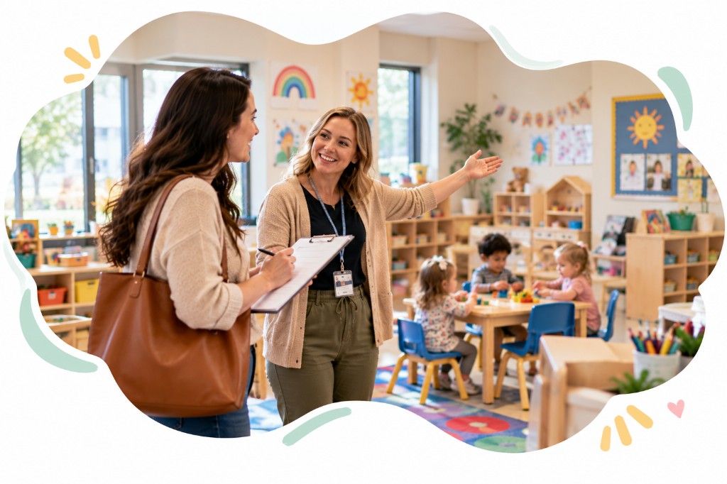 A parent and teacher in a daycare classroom