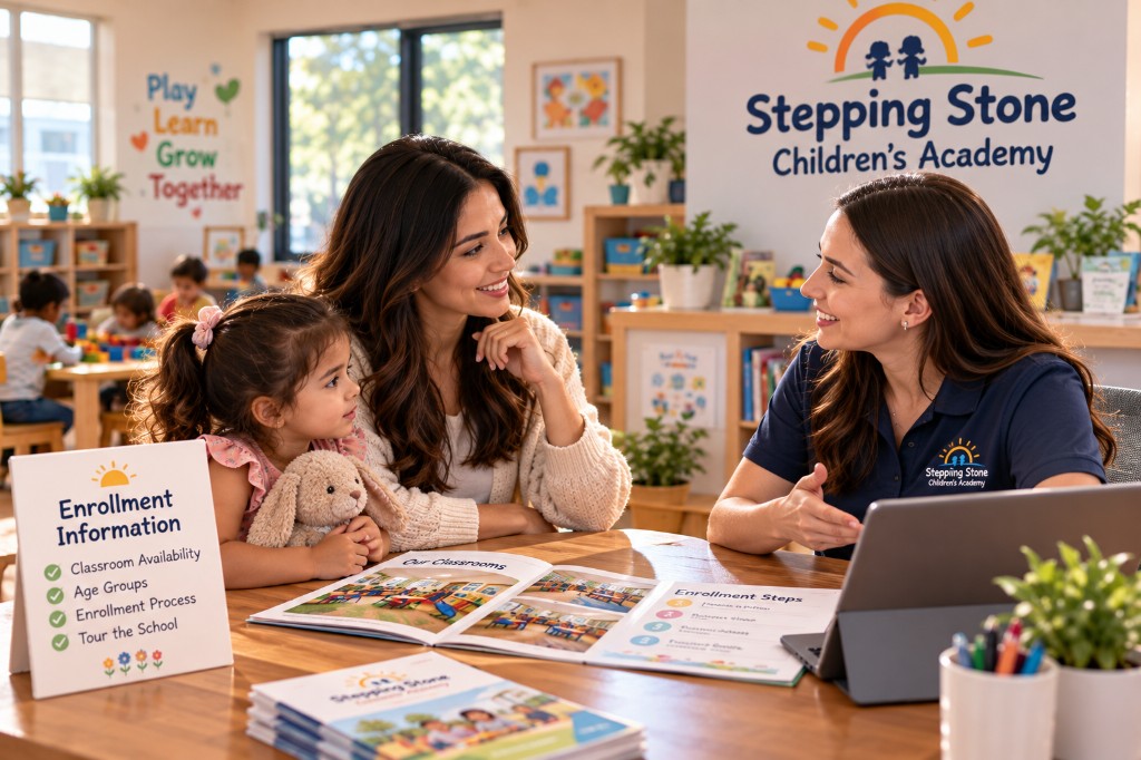 A family reviewing enrollment information at Stepping Stone Children's Academy