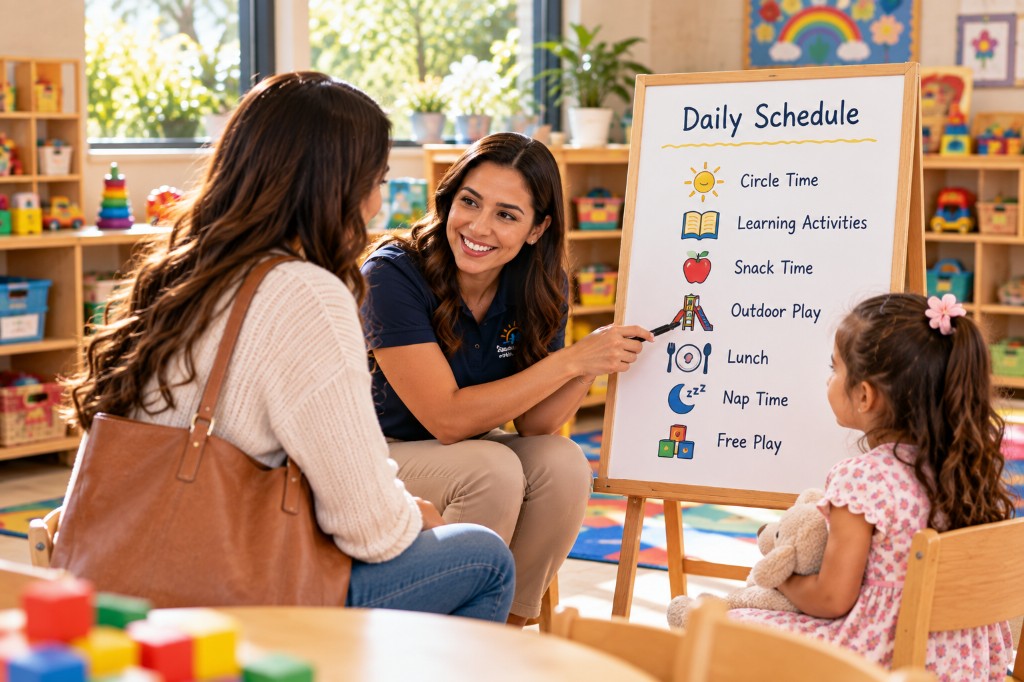 A teacher showing a parent and child the daily schedule