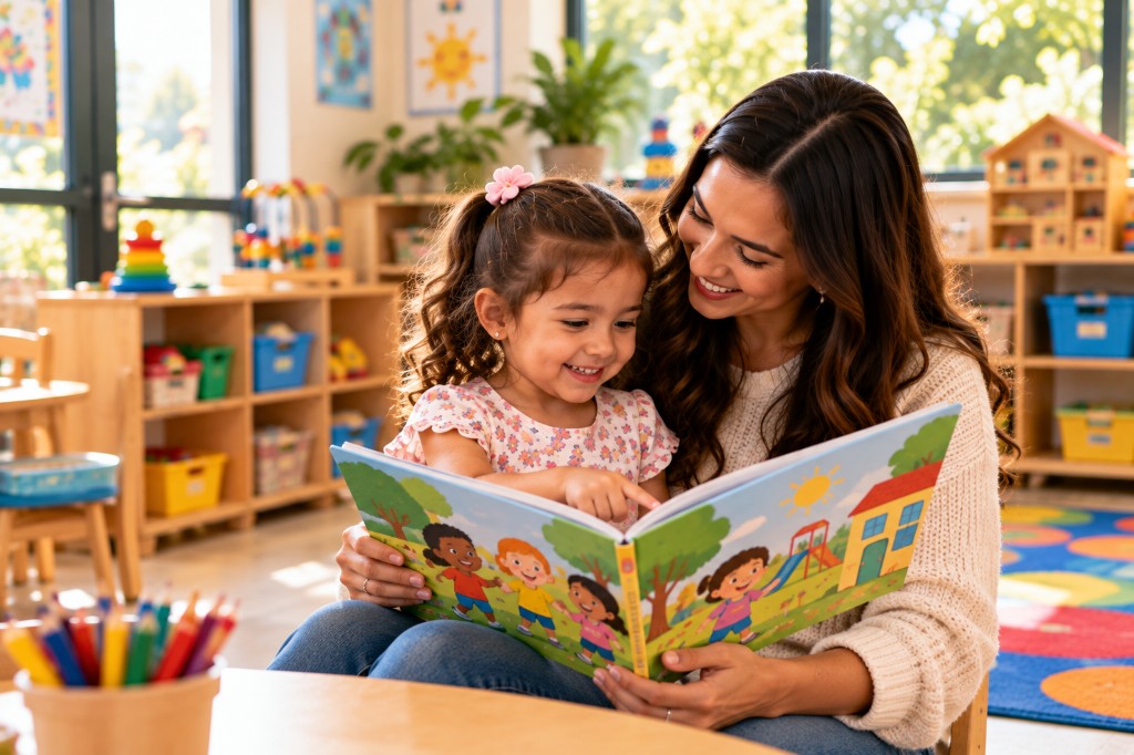 A parent and child reading together about daycare