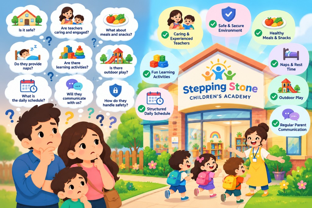 Parents considering what to look for during a daycare tour at Stepping Stone Children's Academy