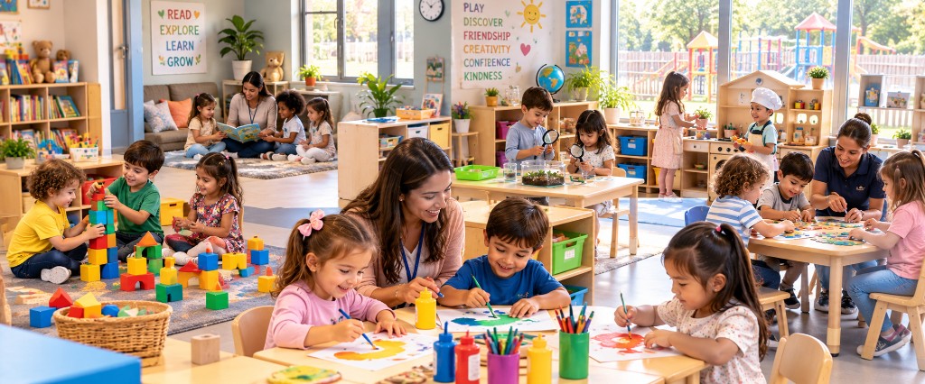 Children playing, creating, and learning together in a classroom