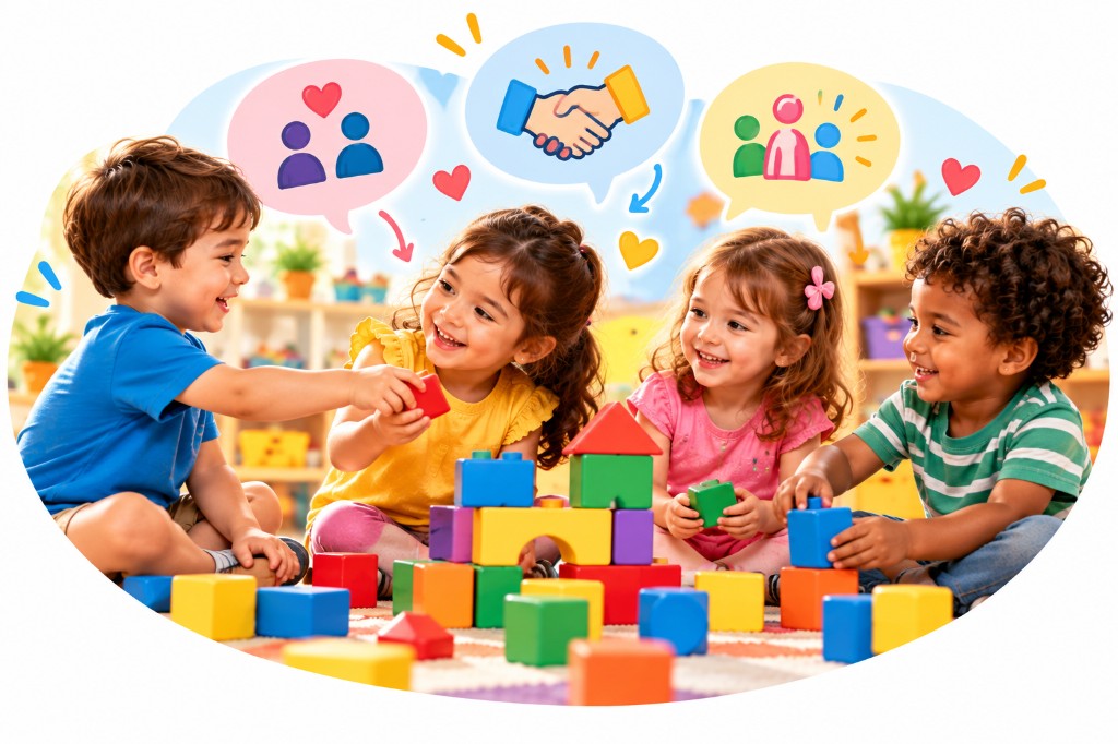 Children building friendships while playing together with blocks